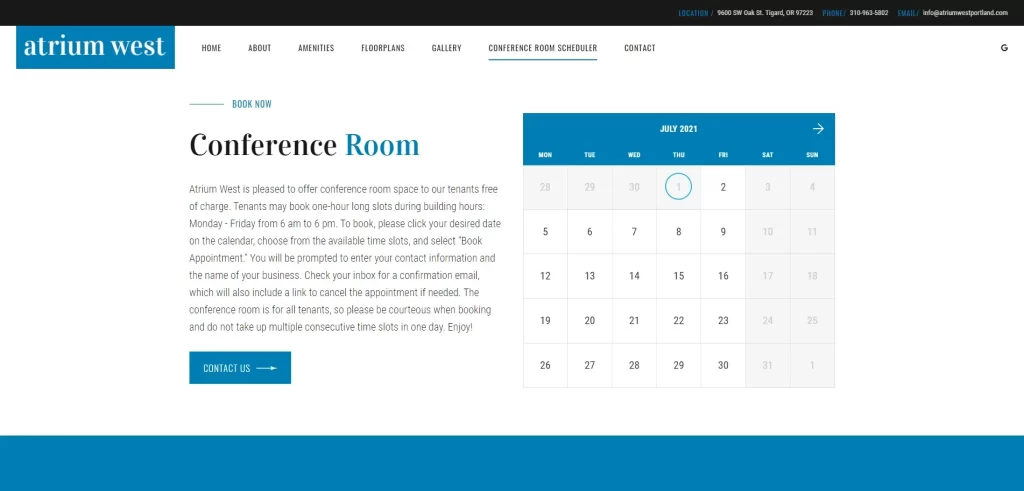 An image of Atrium West's website conference room booking tool.