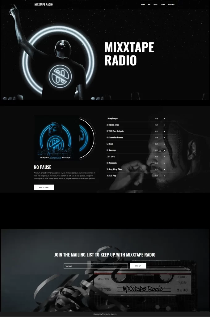 MixxTape Radio's website homepage, album, and contact form.
