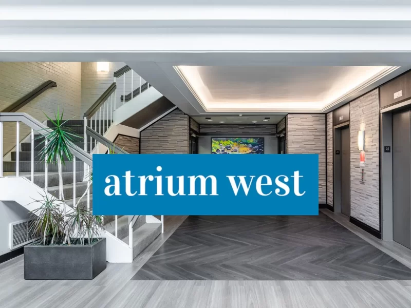 An image of the Atrium West lobby with its logo superimposed on the front.
