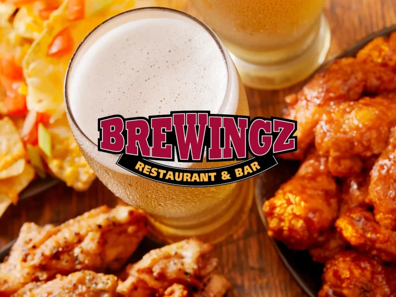 An image of chicken wings and beer, with the BreWingZ logo superimposed on the front.